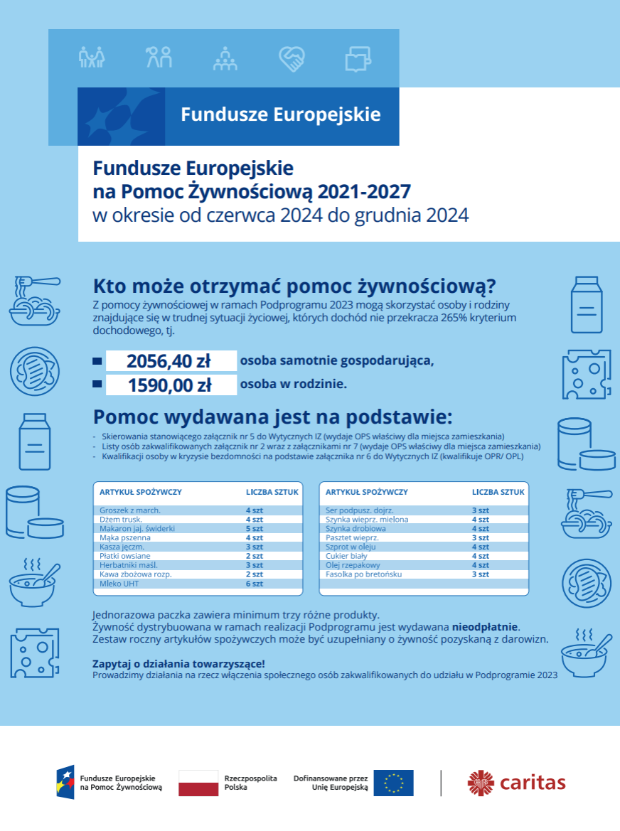 Plakat "Fundusze Europejskie na&nbsp;Pomoc Żywnościową 2021 - 2027 w&nbsp;okresie od czerwca 2024 do grudnia 2024"