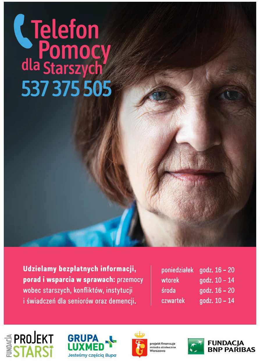 Plakat Fundacji Projekt Starsi o&nbsp;bezpłatnym Telefonie Pomocy dla Starszych