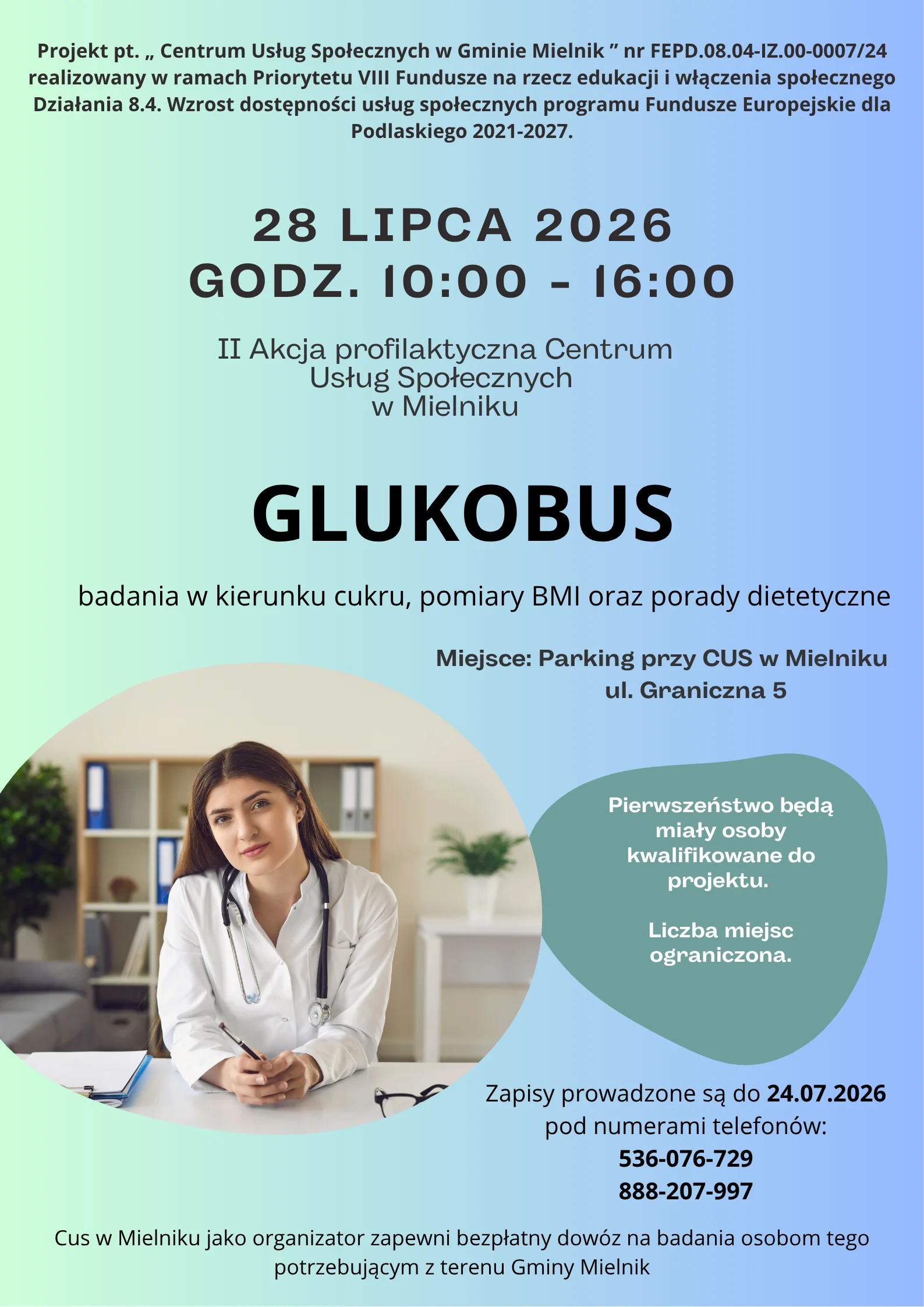 Plakat "II Akcja profilaktyczna Glukobus, badania w&nbsp;kierunku cukru, badania BMI oraz&nbsp;porady dietetyczne"