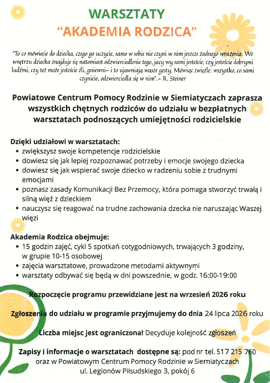 Plakat warsztat&oacute;w "Akademia rodzica". 