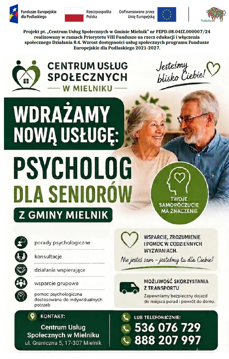 Plakat bezpłatnej usługi "Psycholog dla Senior&oacute;w"