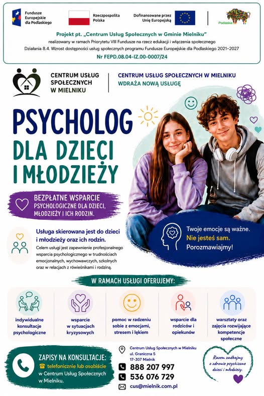 Plakat usługi bezpłatnego wsparcia psychologicznego dla dzieci i&nbsp;mlodzieży oraz&nbsp;ich rodzin