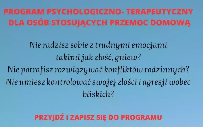 Zdjęcie do Rekrutacja do programu psychologiczno-terapeutycznego dla os&oacute;b stosujących przemoc domową